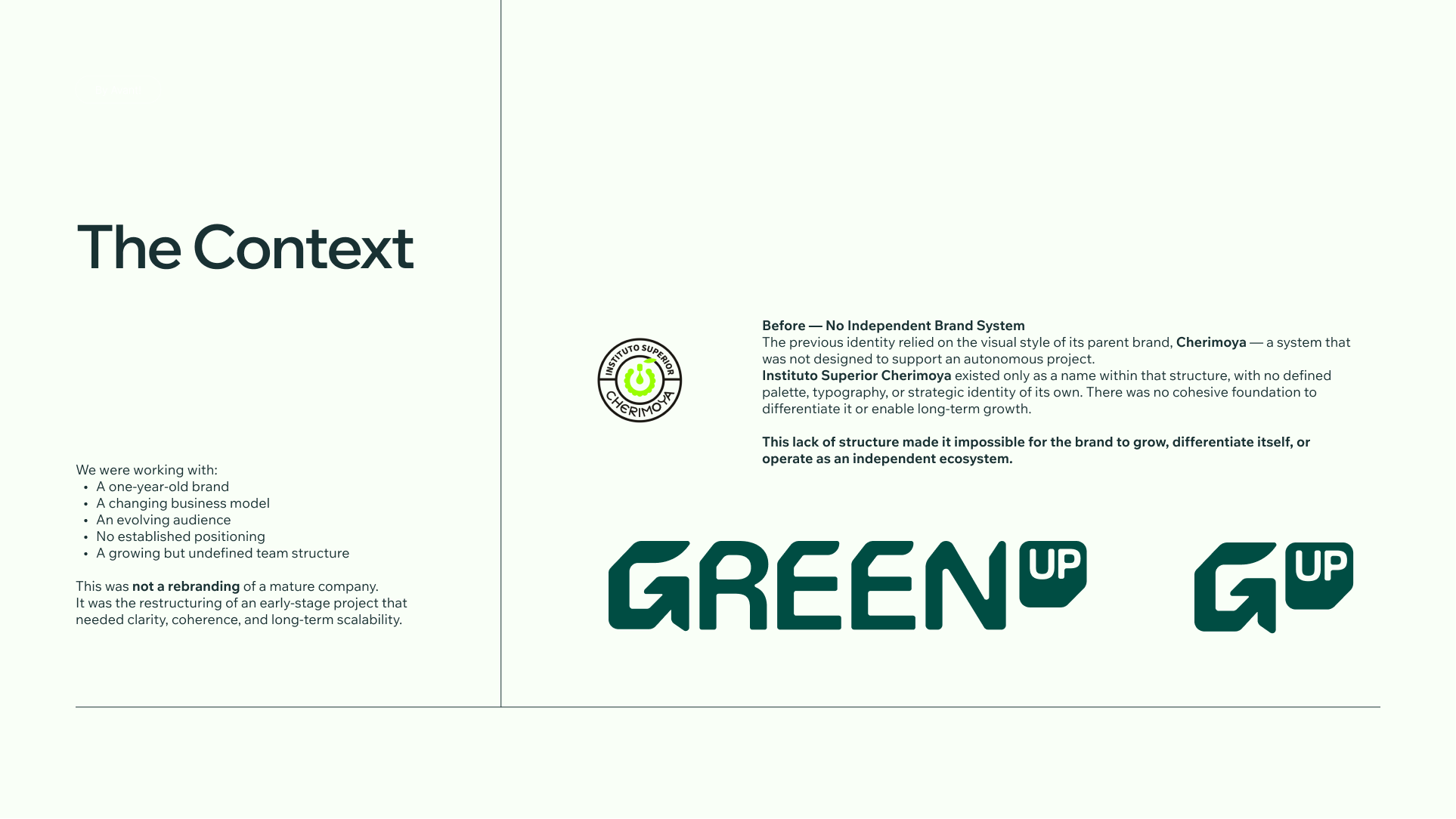 Estrategia de marca y desarrollo de identidad visual para Green Up por Camm Productions.