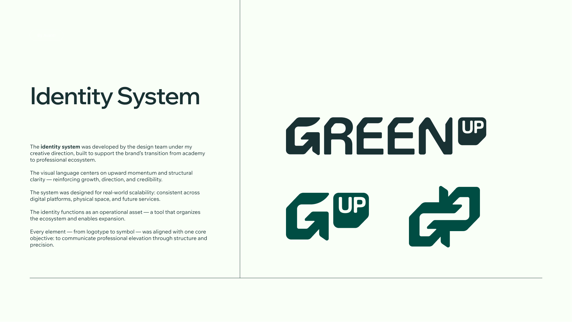 Estrategia de marca y desarrollo de identidad visual para Green Up por Camm Productions.